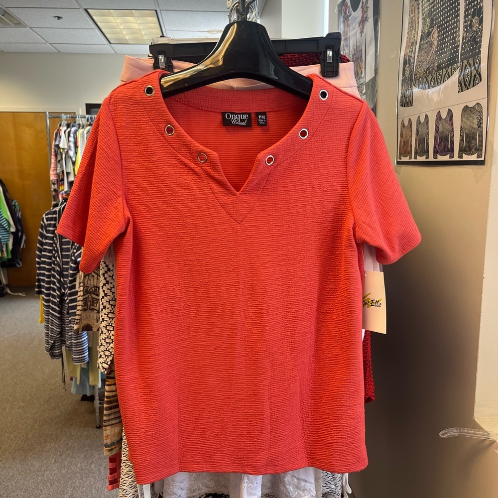 Onque Casuals Coral Short Sleeve Top with Grommet Accents